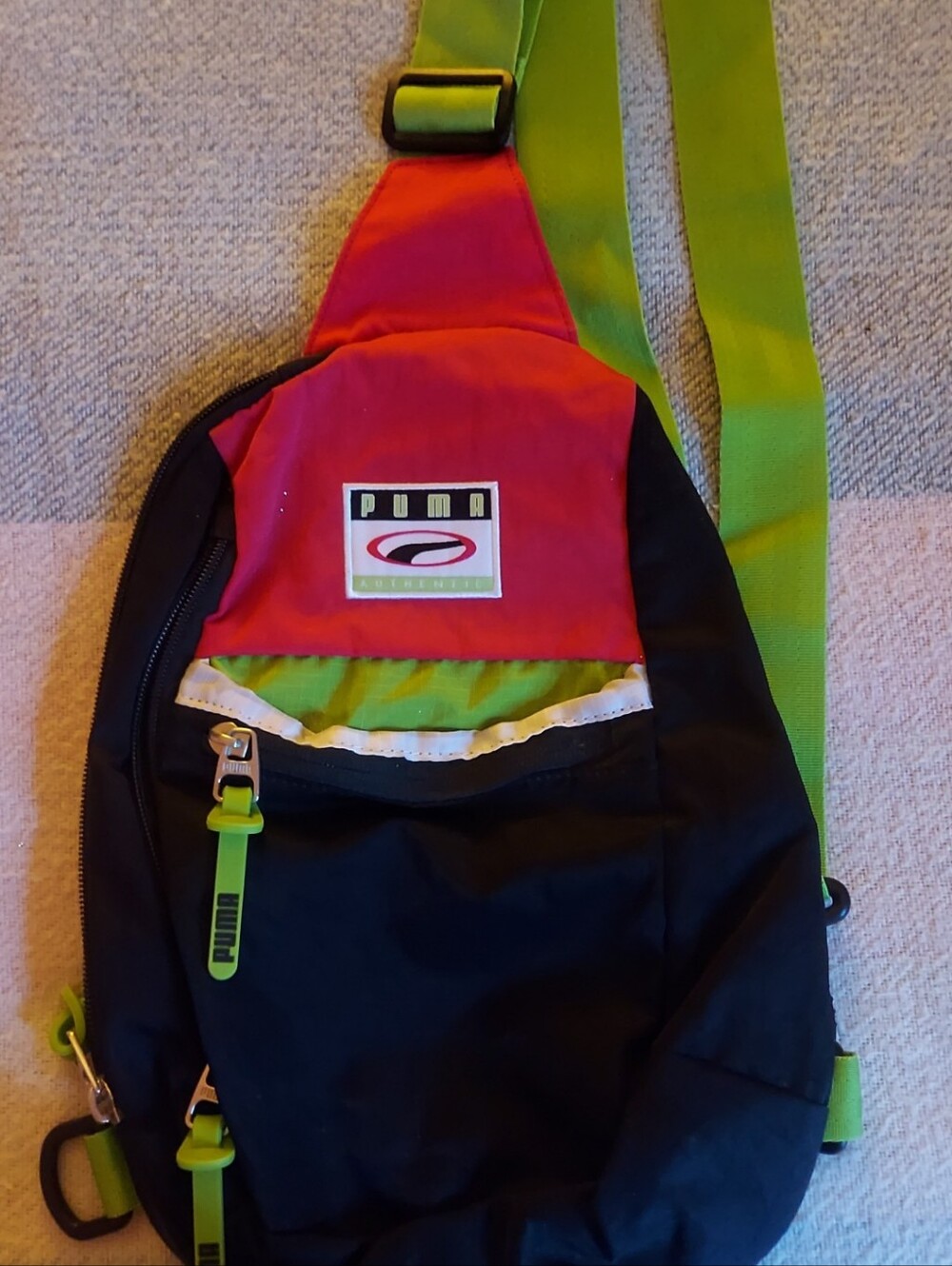 Puma Black & Red Sling Bag with Lime Strap